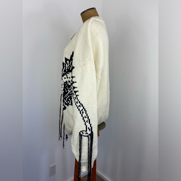 Hellessy Ortega Dinosaur Women’s Sweater Oversized L Ecru & Black Fringe $890 - Picture 8 of 16